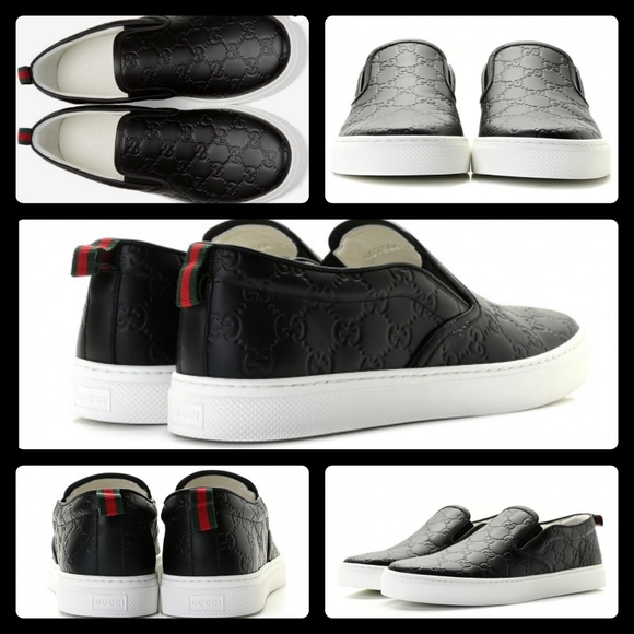 Gucci Other - *GUCCI BLACK LEATHER EMBOSSED LOGO SLIP ON SNEAKERS SZ 8.5 MADE IN ITALY #407364